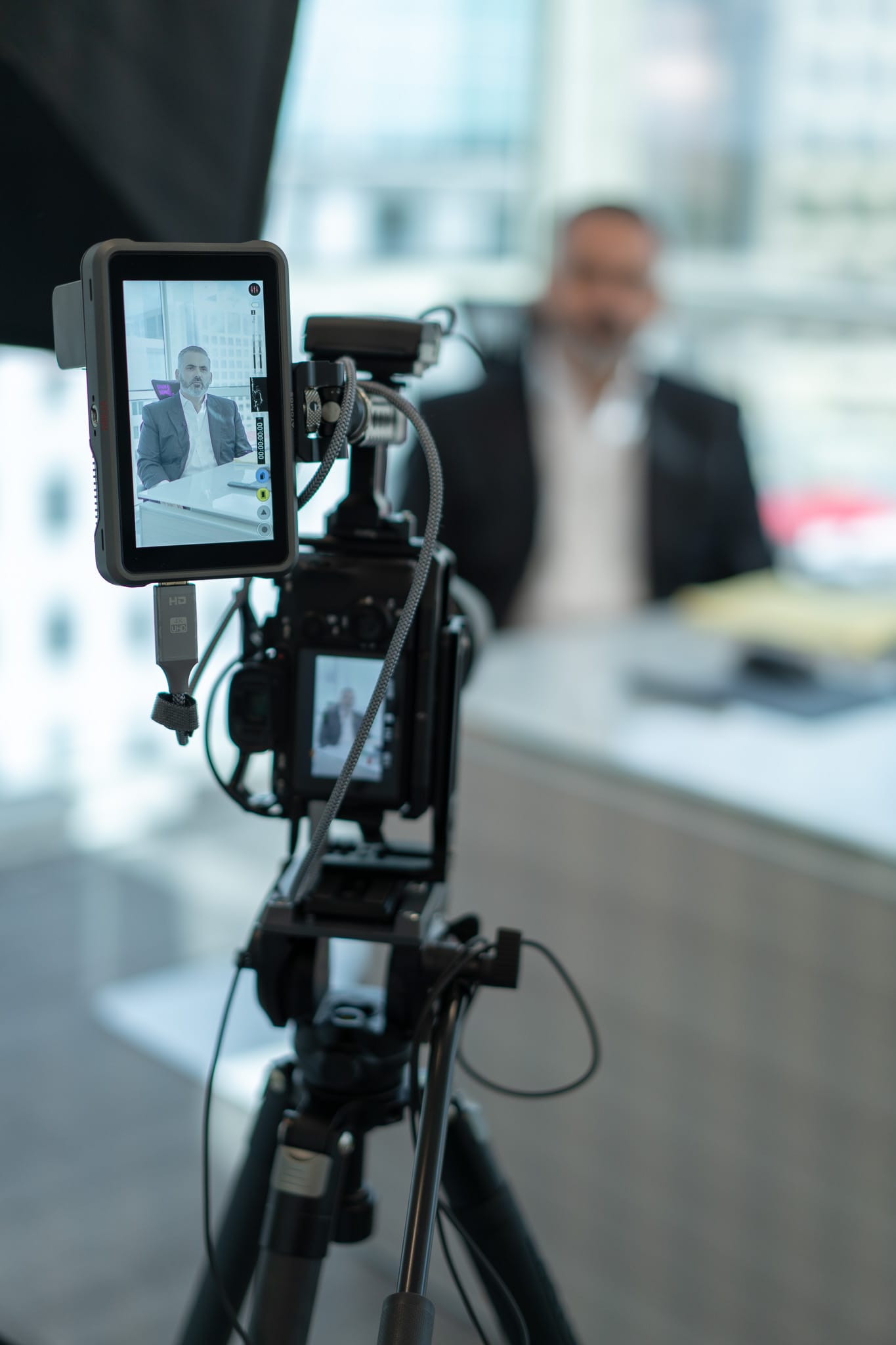 Professional video production setup for brand film interview