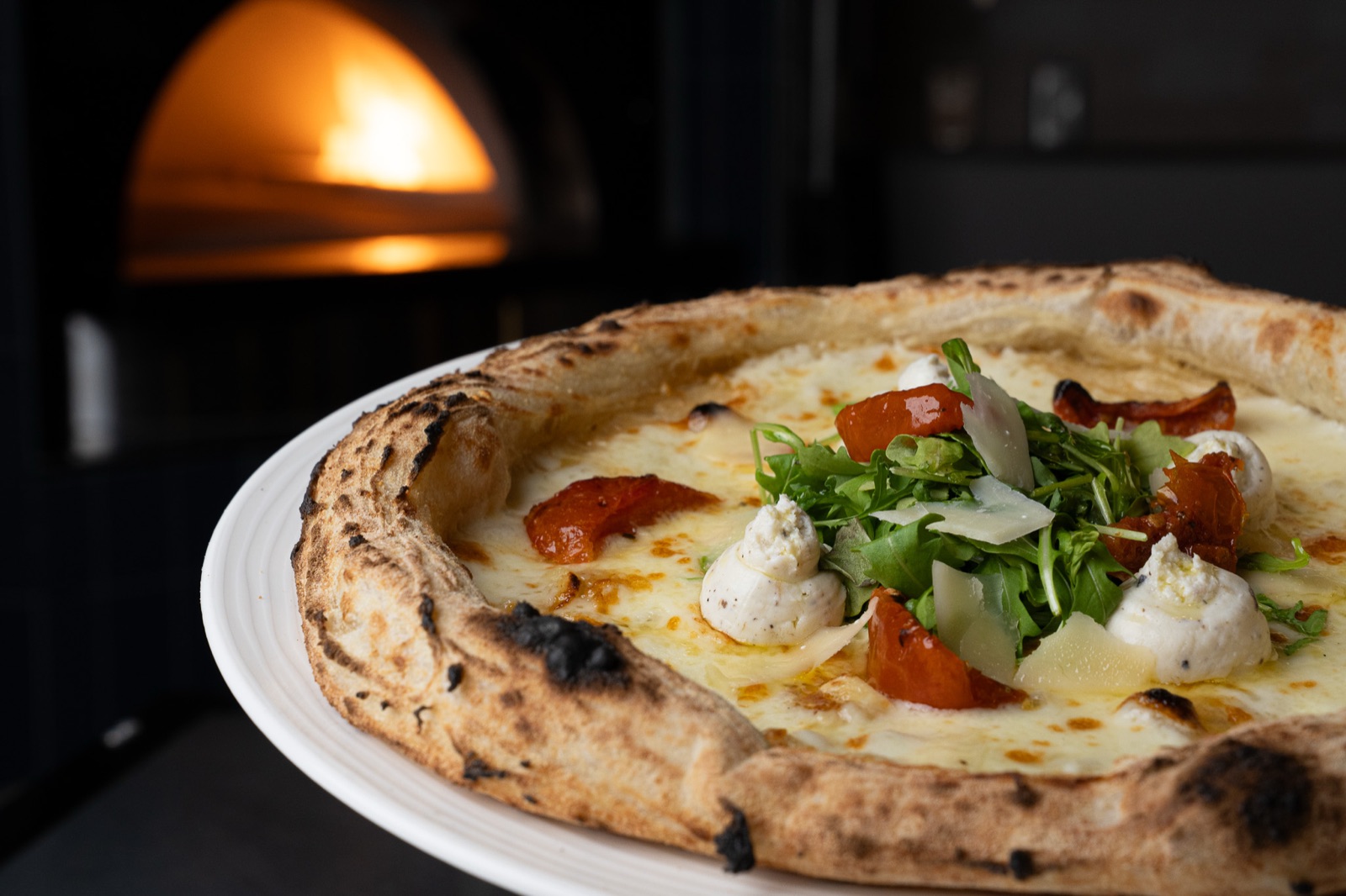 White pizza burrata arugula Miami