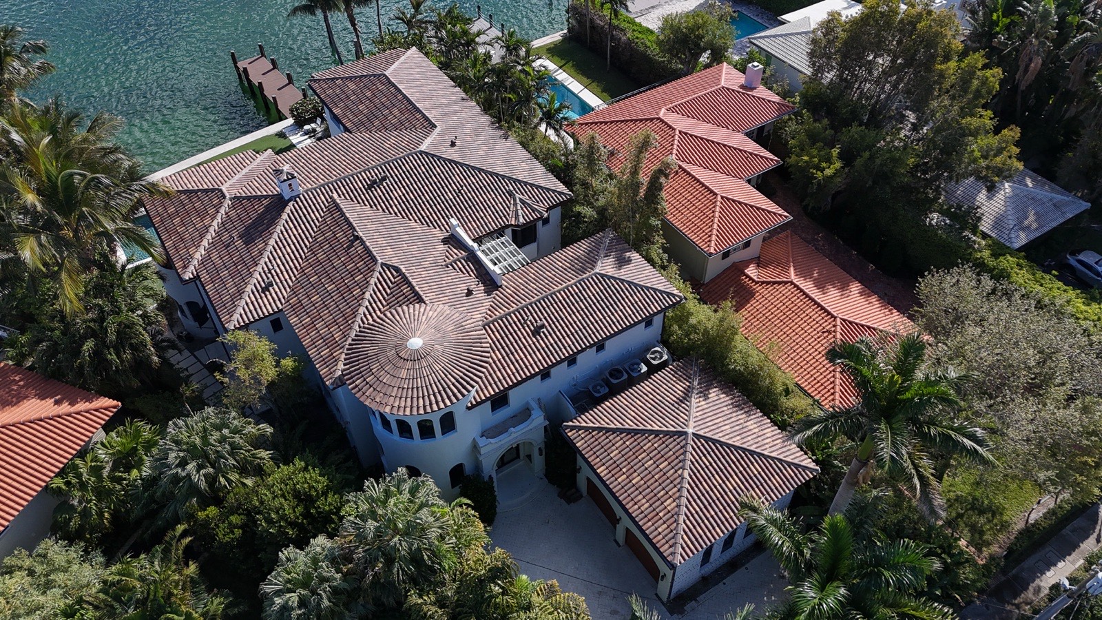 Aerial luxury waterfront home Mediterranean architecture Miami